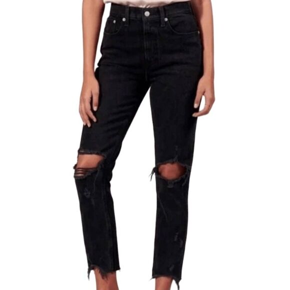 Abercrombie & Fitch High Rise Mom Jean Size 26 2 Short Denim Ripped Frayed Hem - Picture 1 of 9